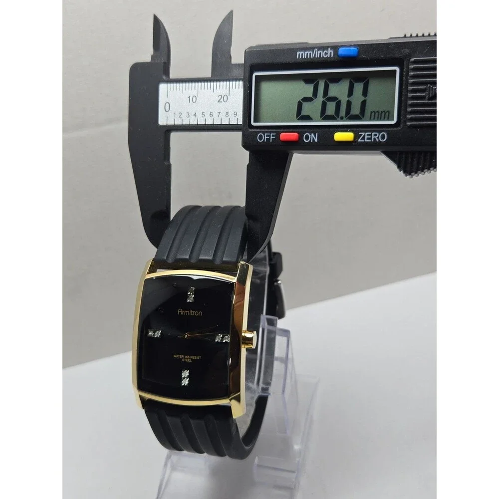 Mens Armitron Diamond 33mm Gold Tone Tank Black Silicon Quartz Watch New Battery